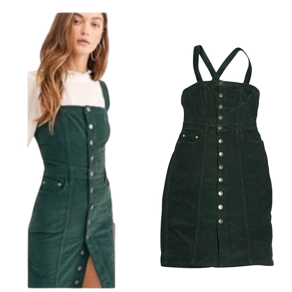 Free People Green Corduroy Button Front Overall Jumper Dress Size 2